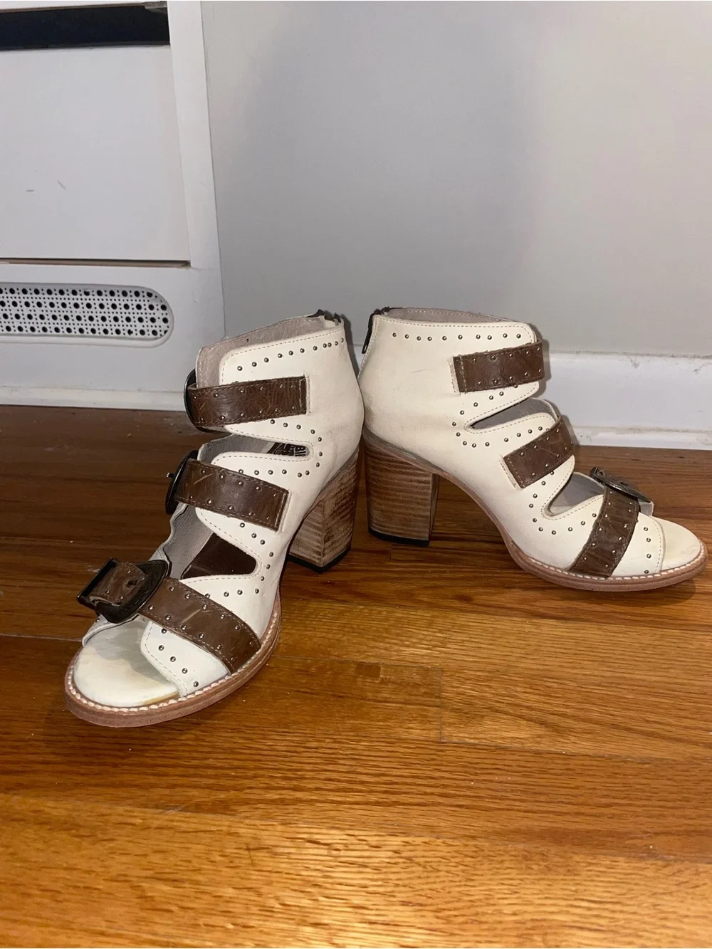 Western Cowboy Booties Cream and Brown Buckle Western Block Heel